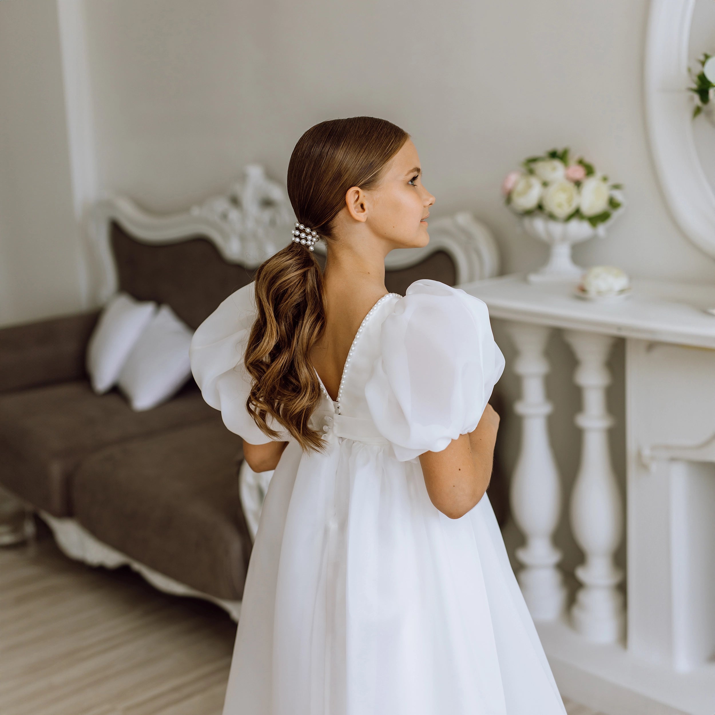 Flower Girl Dress Puff Sleeves "White Lotus"