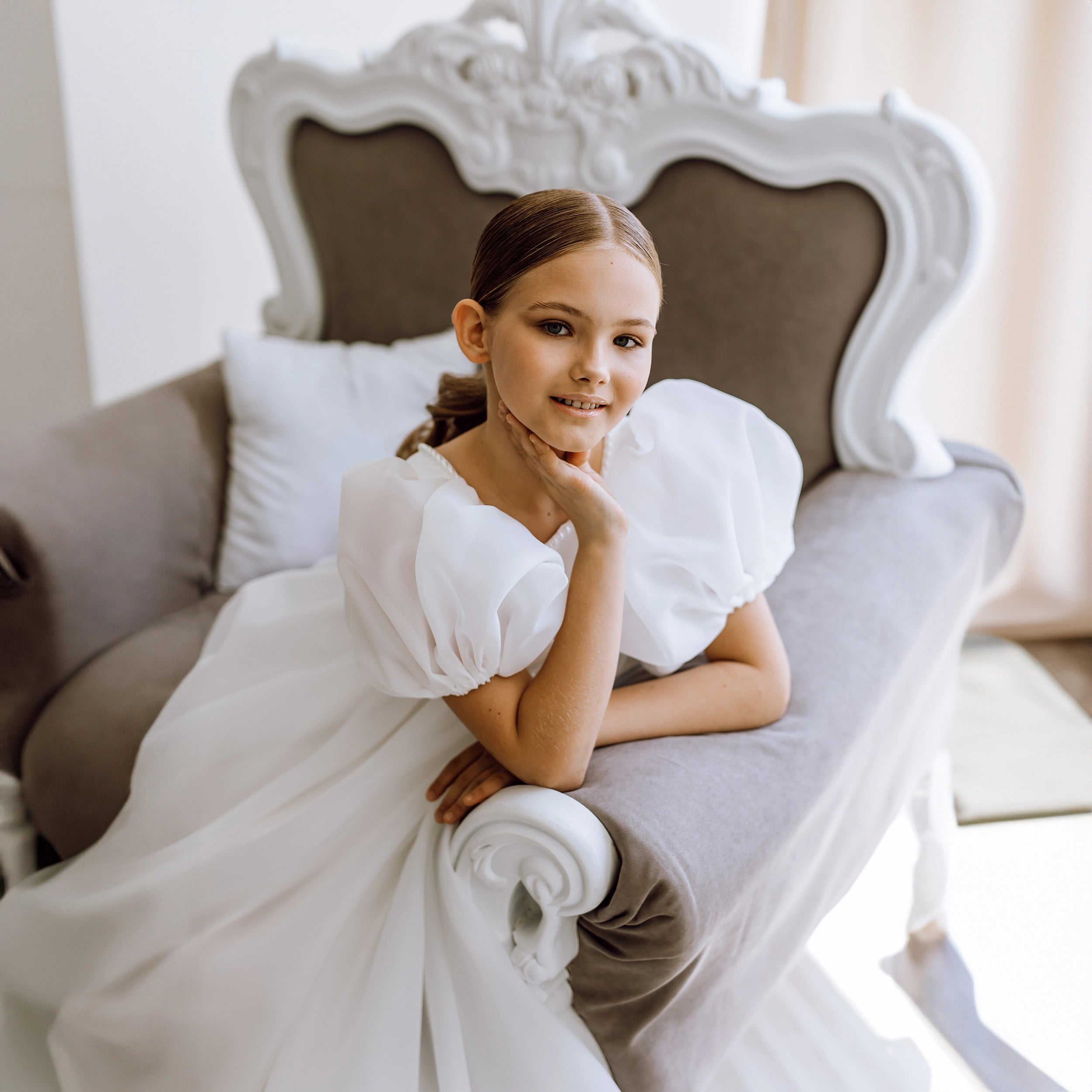 Flower Girl Dress Puff Sleeves "White Lotus"